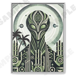 Florida Alien Kunst | Modernes Geometrisches Grün / Limettencreme Ausserirdisch | DIGITALER DOWNLOAD, Zeitgenössisch E.T. Alien von Fabriannie