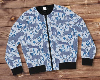 Chaqueta bomber con estampado de leopardo azul y flores / Abrigo de moda para mujer / Estampado animal / Amantes de los gatos