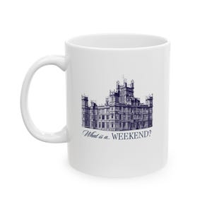 What is a Weekend 11 oz or 15 oz WHITE Ceramic Mug, Downton Abbey & Highclere Castle Inspired, Perfect for Royal Enthusiasts, Violet Crawley