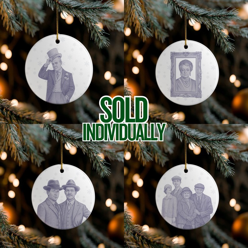 May include: Four white ceramic Christmas ornaments with vintage-style portraits. Each ornament is round, with a gold string for hanging. The ornaments feature images of people and families. The text "SOLD INDIVIDUALLY" is in green.