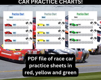 May include: Three printable race car practice charts for children. The charts are in red, yellow, and green. Each chart has a space for a name, a car, and a skill level. The charts are designed to help children learn about racing and improve their skills.