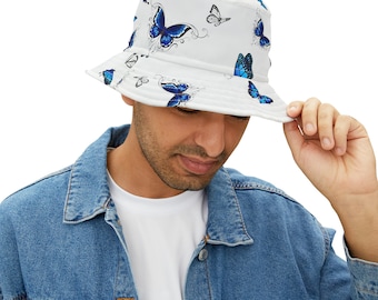 Bucket Hat Unisex, Summer vibe, Blue Butterfly Bucket Hat, White hat with blue butterfly design, all around butterfly print.