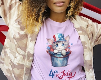 T-shirt unisexe kitty patriotique de la fête de l'indépendance, joli t-shirt Kitty du 4 juillet, t-shirt patriotique, t-shirt chat du 4 juillet