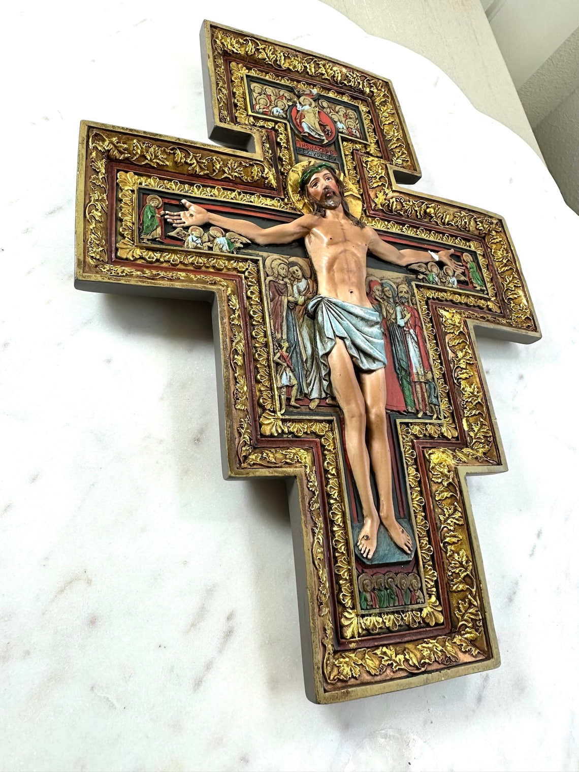 Crocifisso Il San Damiano In Bronzo Colorato - Targa Da Parete 25,4 Cm - 6