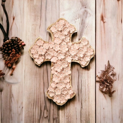 Cruz de pared floral rosa de 30 cm, cruz cristiana, regalo de bautismo, regalo de primera comunión, cruz de pared para colgar, cruces de pared, regalos católicos