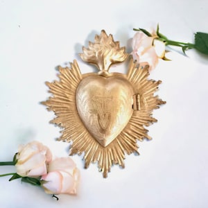 Gold Sacred Heart, Milagros, Flaming Heart Locket, Ex-Votos, Heart Flames, Catholic Heart, Prayer Box, Sacred Heart Ornament Medallion