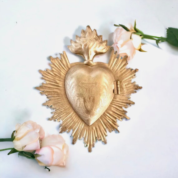 Gold Sacred Heart, Milagros, Flaming Heart Locket, Ex-Votos, Heart Flames, Catholic Heart, Prayer Box, Sacred Heart Ornament Medallion