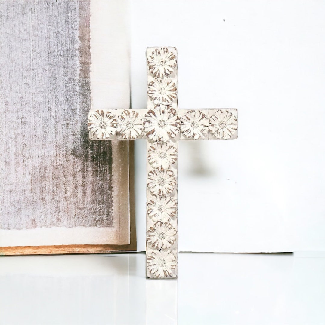 Flower Wall Cross Whitewash, Catholic Decor, White Wall Cross, Floral