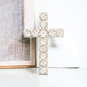 Flower Wall Cross Whitewash Catholic Decor White Wall Cross, Floral Wall Cross, Rustic Wall Cross, Farmhouse Cross Housewarming Gift