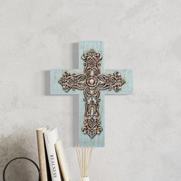 Antiqued Wall Cross, Antique Wall Cross, Christian Wall Cross, Baptism Gift, First Communion Gift, Wall Crosses, Catholic Gifts, Blue Cross