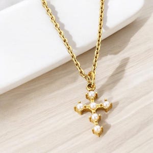 Dainty Pearl Cross Pendant Necklace | Gold Tiny Cross Necklace | Minimalist Gold Cross Necklace | Pearl Cross Necklace | 18k Gold Cross