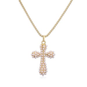 Cross Necklace Pearl Gold Necklace Pearl Cross Choker Necklace 18K Gold Chain Cross Necklace Wedding Necklace Christian gift Catholic gift