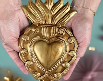 9" Large Gold Sacred Heart, Milagros, Flaming Heart Locket, Ex-Votos, Heart Flames Catholic Heart Prayer Box Sacred Heart Ornament Medallion