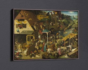 May include: A detailed oil painting depicting a bustling medieval town scene with many figures and buildings. The painting is filled with vibrant colors and intricate details, including a central fountain, a church, and a variety of shops and houses.
