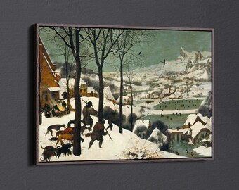 May include: A painting depicting a winter scene with a group of people walking through a snowy landscape. The painting features a village in the background, a frozen lake, and a group of trees in the foreground. The painting is done in a realistic style and features a muted color palette.