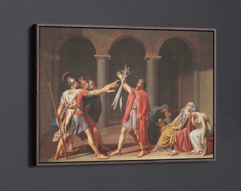 May include: A painting depicting a dramatic scene with five figures. Four men in Roman-style clothing are engaged in a struggle, one holding a sword. Two women in long robes are seated in the background, one with her head bowed. The painting is set in a grand hall with columns and arches.