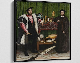 May include: A painting of two men standing in front of a table with various objects, including a globe, a lute, and a compass. The men are wearing elaborate clothing and have serious expressions on their faces. The painting is set against a green background.