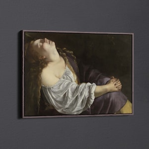 May include: A painting of a woman lying down with her head tilted back. She is wearing a white blouse and a purple robe. The background is dark.