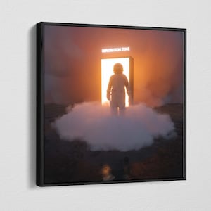 May include: A black framed print of a surreal scene with a figure in a white spacesuit standing in a doorway with the words "Exploration Zone" above it. The doorway is glowing with light and the figure is standing on a cloud.