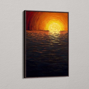May include: A painting of a sunset over the ocean. The sun is a bright orange and yellow, and the water is a dark blue with ripples. The painting is framed in a dark brown frame.
