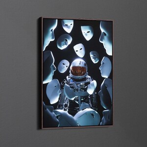 Könnte beinhalten: Ein weißer Astronaut in einem Raumanzug steht in der Mitte eines dunklen Hintergrunds, umgeben von weißen Masken. Der Astronaut trägt einen Helm mit einem roten Visier. Die Masken sind in einem Kreis um den Astronauten angeordnet.