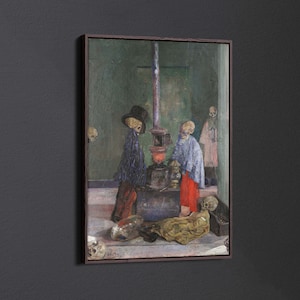 May include: A painting depicting a group of skeletons in a room with a stove and other objects. The skeletons are dressed in clothing and appear to be interacting with each other. The painting is done in a dark and moody style.