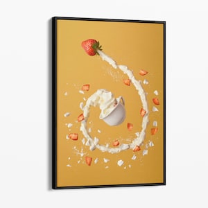 May include: A white ceramic cup filled with whipped cream is flying through the air, leaving a trail of whipped cream and strawberry pieces behind it. The background is a solid yellow color.