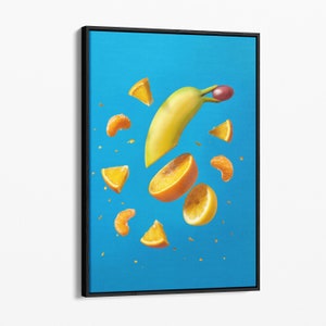 May include: A yellow banana with a red stem is floating in the air against a blue background.  The banana is surrounded by orange slices and mandarin orange segments.
