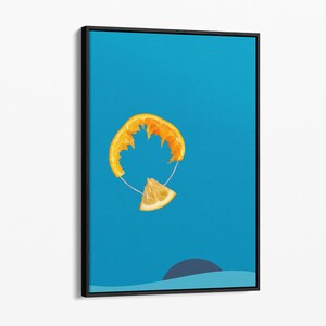 May include: A framed artwork featuring a blue background with a stylized orange slice and a lemon wedge. The orange slice is arranged in a circle shape, and the lemon wedge is hanging from the orange slice.