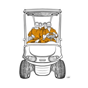 Afdrukbare golfkunst | Golfkar met veroordeelden, Tiger Woods Scheffler, mugshot golf, pro golfer, golfcadeau, grappige golf, golftekening