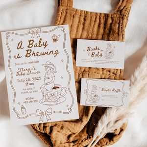 Paquete de invitación &quot;Baby Is Brewing&quot;, set de café para baby shower con pañales, libros para rifa, tarjeta de agradecimiento para bebé, plantilla editable dibujada a mano