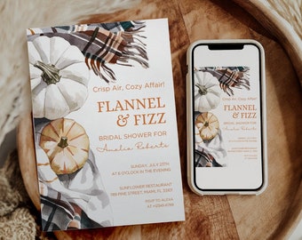Könnte beinhalten: Eine Einladung zu einer Brautparty mit einer Aquarell-Illustration von Kürbissen und einer karierten Decke. Die Einladung lautet "Crisp Air, Cozy Affair! Flannel & Fizz Bridal Shower for Amalia Roberts" mit Datum, Uhrzeit und Ort.