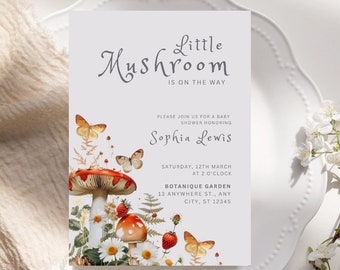 Editable Little Mushroom baby shower invitation, Wild Mushroom Baby Shower Invitation, Fungi Baby Shower, Pregnancy Announcement invitation