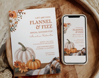 Könnte beinhalten: Eine Einladung zur Brautparty und ein Smartphone mit demselben Design. Die Einladung zeigt den Text "Let's get cozy FLANNEL & FIZZ" mit Kürbis- und Blumenillustrationen. Das Design wird auf dem Telefonbildschirm wiederholt.