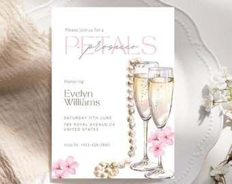 Pearls and Prosecco Bridal Shower Invitation, Boho Petals (Canva link)