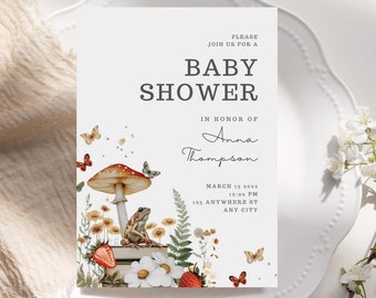 Editable Frog and Mushroom Baby Shower Invitation ,Forest Themed Baby Invite, Cottagecore Mushroom Baby Shower Invitation,  Woodland Shower