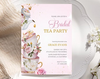 Editable Bridal Shower Tea Party Invitation, Bridal Floral Tea Party Invite, Bridal Brunch High Tea invitation, Tea With The Bride invite