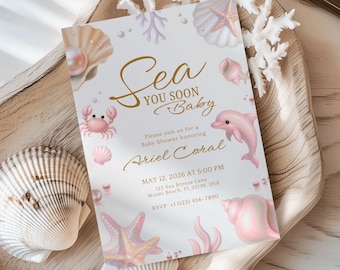 Sea You Soon Baby Shower Invitation, Pink Under the Sea Seashell Theme, Editable Coastal Beach Party Template for Girl, Digital Download
