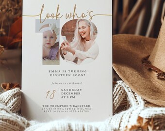 Invitación editable para el cumpleaños número 18 con foto, mira quién tiene 18 años, invitación de cumpleaños, invitación para el cumpleaños número 18, invitación moderna para el cumpleaños número 18