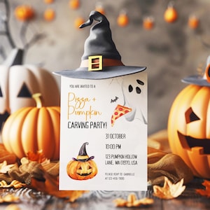 Pumpkin Carving Party Invitation Editable Halloween Pizza Party Template Fall Activity for Kids or Adults Digital Printable Download Canva