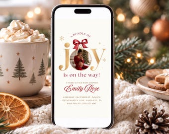 A Bundle of Joy Baby Shower Evite with Photo, Christmas Red Bow Digital Invite, Editable Canva Template