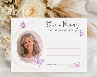 Funeral Memory Card with Photo, Purple Butterfly Share a Memory Card, Celebration of Life Canva Template