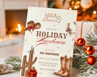 May include: A Christmas-themed invitation with a western design. The card displays illustrations of a cowboy hat, boots, and cacti. Text includes "Yee Merry" and "Holiday Hoedown," along with event details. The background features festive decorations.