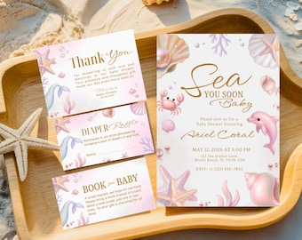 Sea You Soon Baby Shower Bundle, Pink Under the Sea Seashell Invite Set, Editable Coastal Beach Party Template for Girl, Digital Download