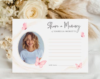 Funeral Memory Card with Photo, Pink Butterfly Share a Memory Card, Celebration of Life Canva Template
