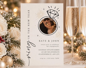 Ring in the New Year Engagement Invitation, Christmas Engagement Party Invite with Photo, Editable Canva Template