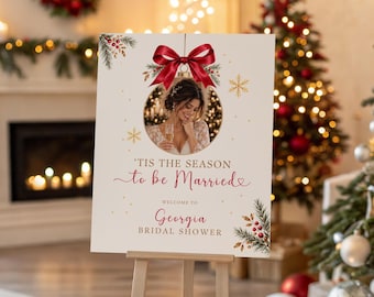 Tis the Season to Be Married Welcome Sign, Christmas Red Bow Bridal Shower Poster, Editable Canva Template
