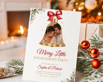 Merry Little Engagement Invitation, First Christmas Engaged Photo Invite, Editable Canva Template