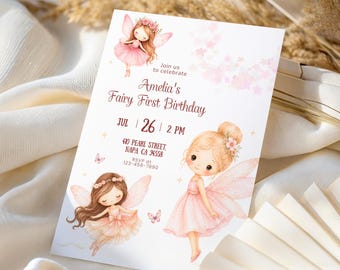 Fairy First Birthday Invitation, Enchanted Garden 1st Birthday Invite, Pink Whimsical Canva Template