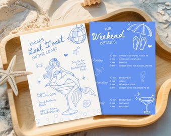 Szablon planu podróży „Ostatni toast na wybrzeżu”, ręcznie rysowany weekend panieński na plaży, ostatnia impreza przy basenie, możliwość edycji